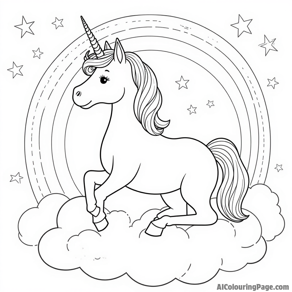 A unicorn perched on a cloud with a rainbow and twinkling stars, creating a dreamy scene for imaginative coloring.