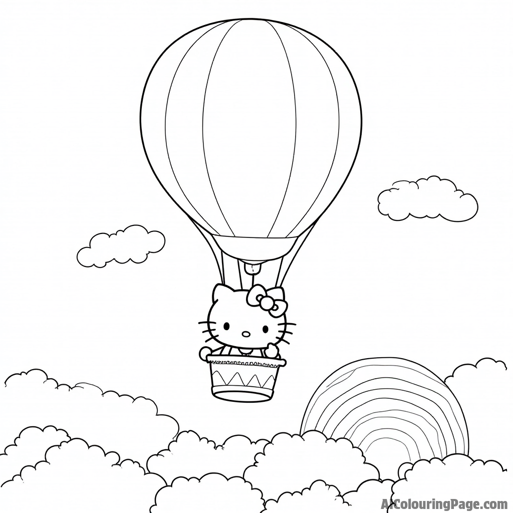 Hello Kitty flying in a hot air balloon over a picturesque landscape with clouds and a rainbow