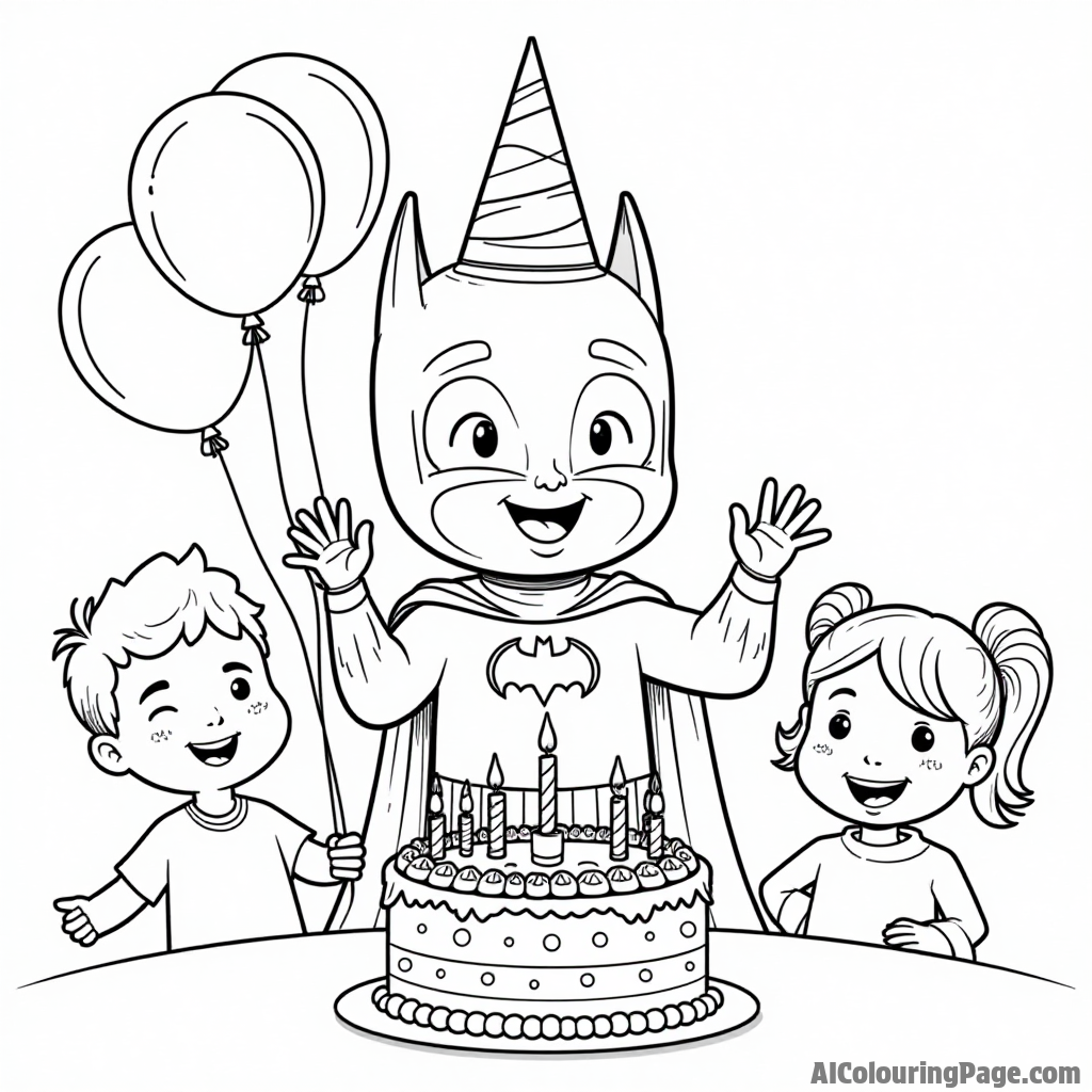 A cheerful Batman wearing a party hat, celebrating his birthday with balloons and a cake surrounded by friends.