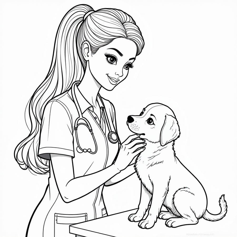 Barbie as a veterinarian caring for a puppy