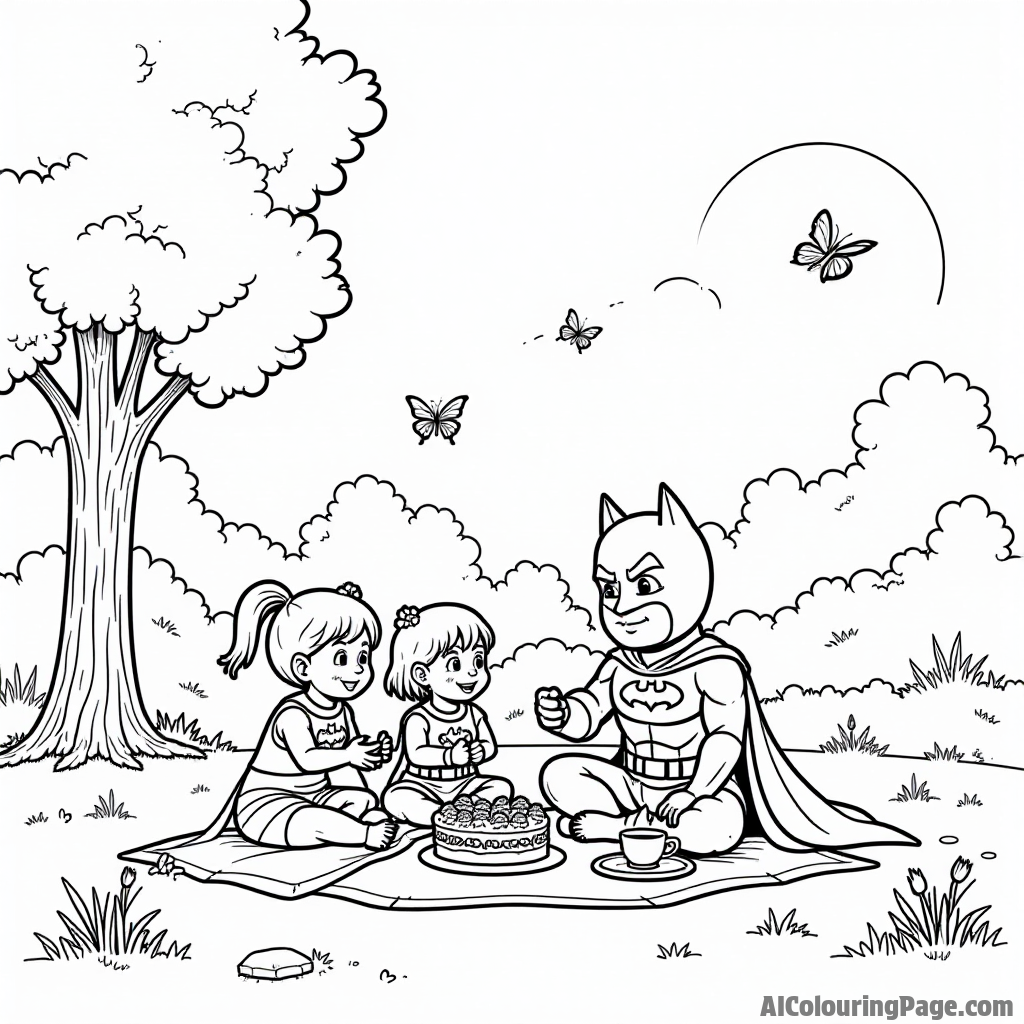 Batman enjoying a picnic with his superhero friends in a sunny park filled with trees, flowers, and butterflies.