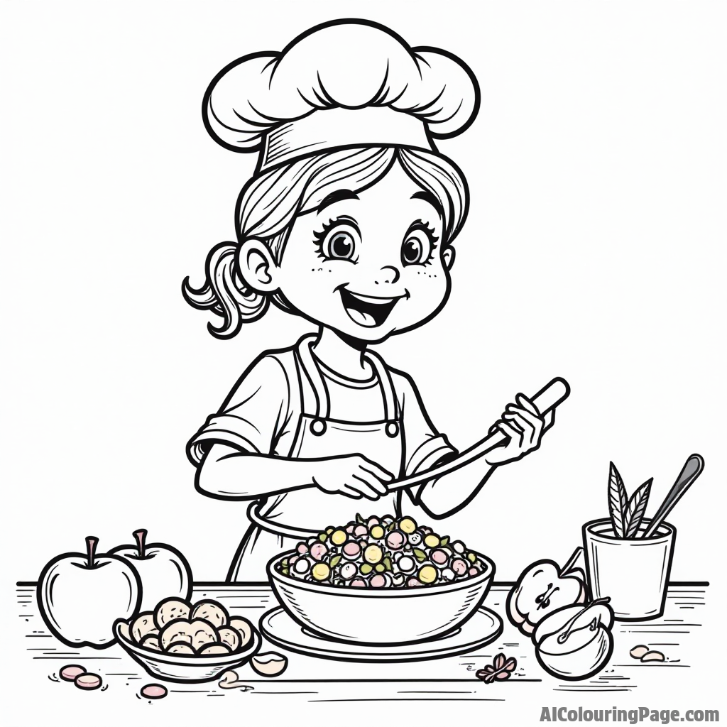 A cartoon apple chef teaching children how to make apple salad, with colorful ingredients spread across a table.