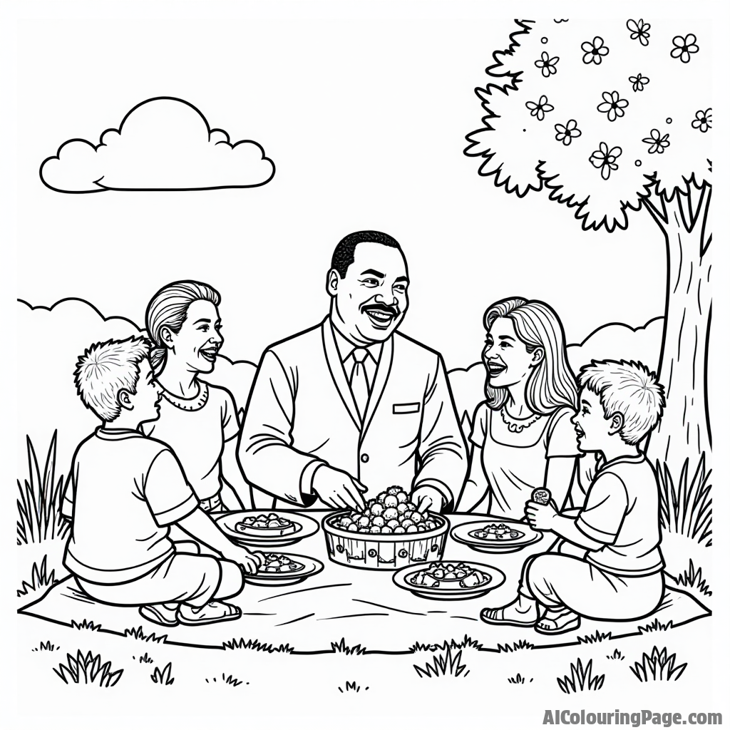 A fun picnic scene with Martin Luther King Jr. and families, enjoying food and laughter, with a sunny sky and flowers, perfect for kids to color their joyful day.