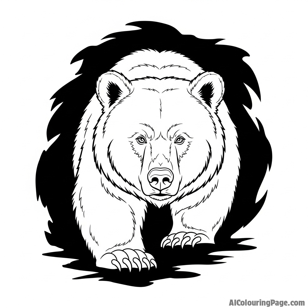 A dramatic, high-contrast photograph of a bear emerging from the shadows.