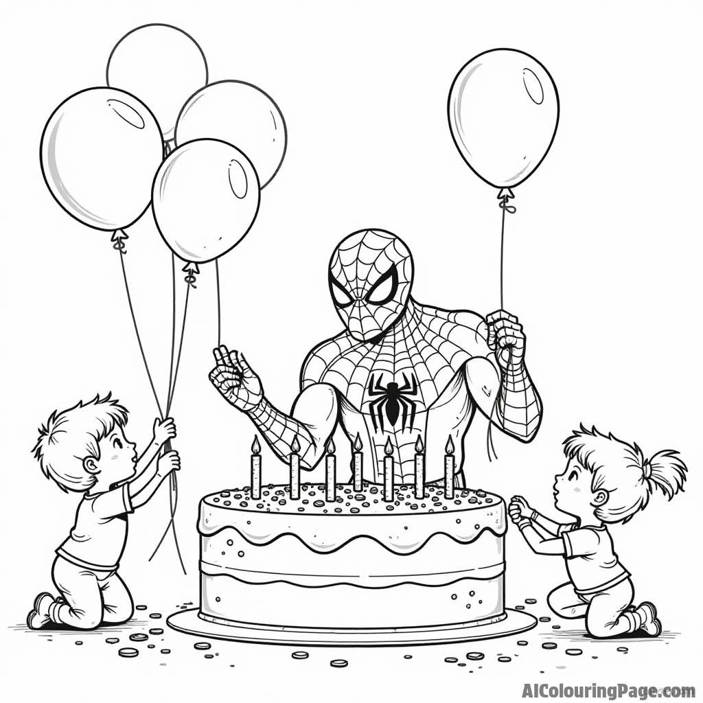 Spiderman decorating a giant birthday cake, children helping with sprinkles, balloons floating in the air above them