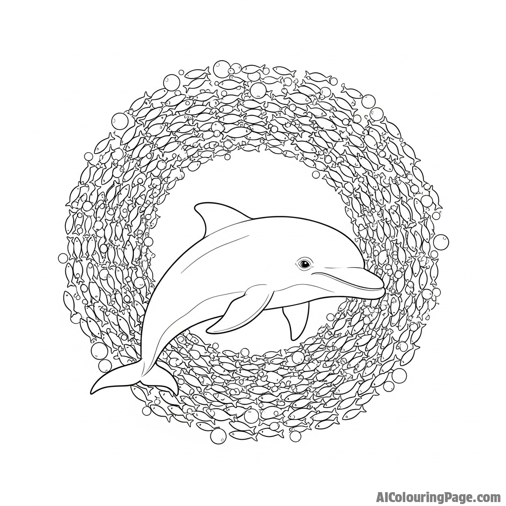 A dolphin creating a ring of bubbles to trap a school of fish.