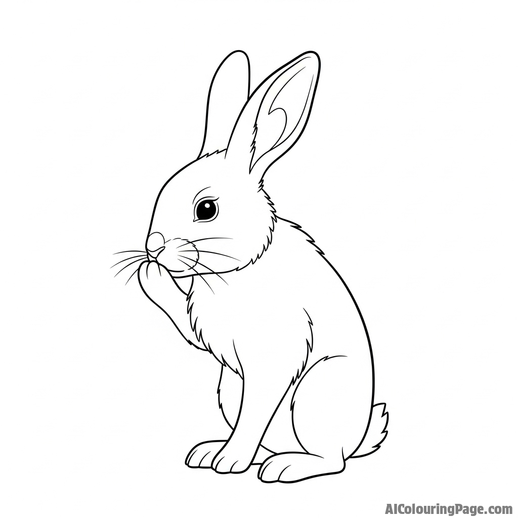 A rabbit carefully grooming its long ear with a front paw.