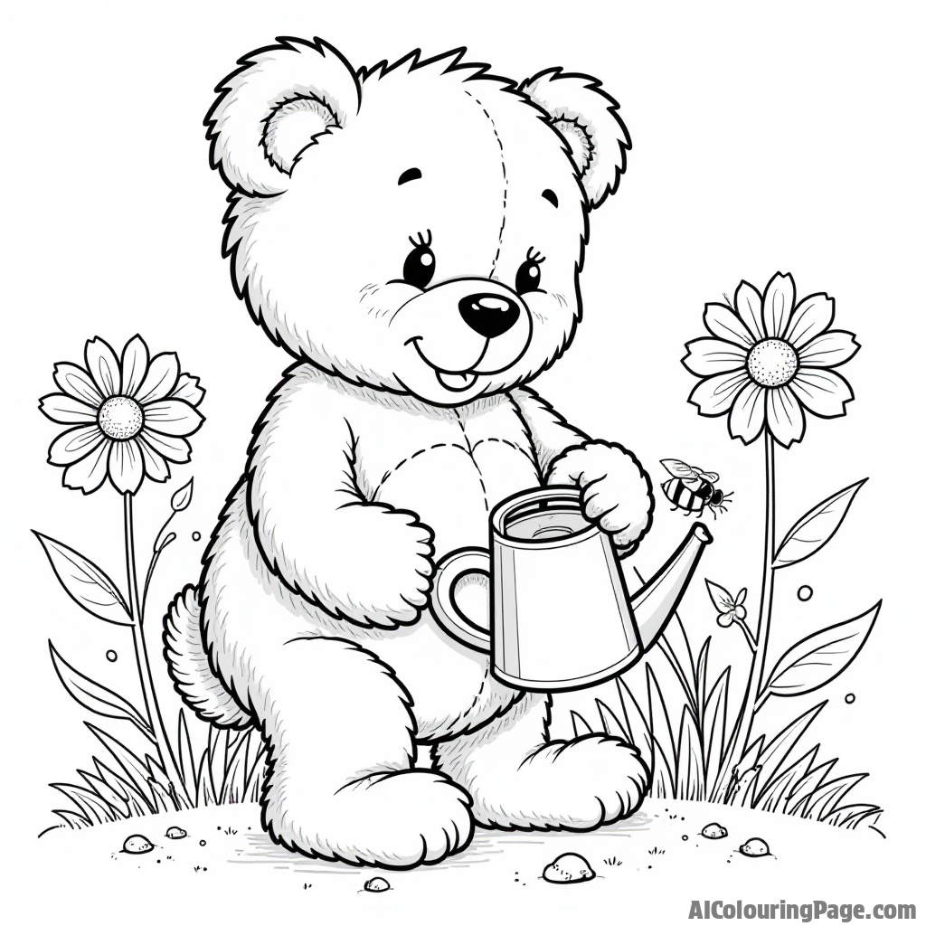 A teddy bear gardening with flowers and a watering can, alongside a busy bee and a ladybug, encouraging children to color this delightful outdoor activity.