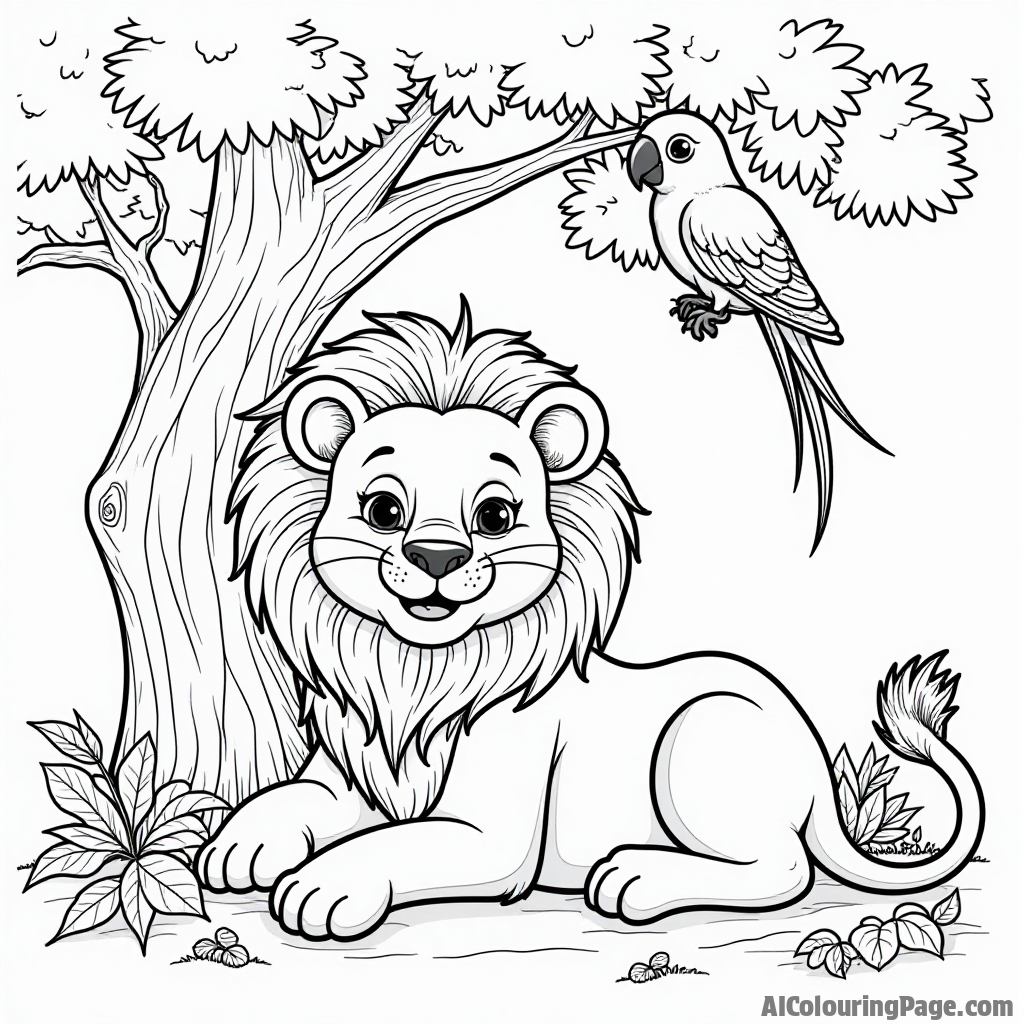 A cheerful lion lounging under a shady tree with a friendly parrot perched on its back, surrounded by exotic plants, designed as a fun and adventurous coloring page for kids.