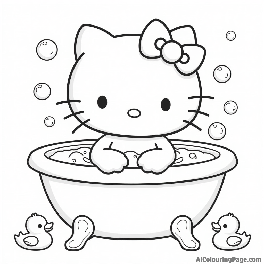 Hello Kitty taking a bubble bath in a cute bathtub with rubber ducks and bubbles floating around