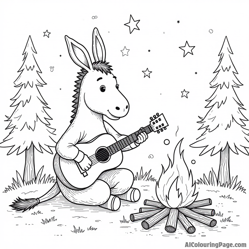 A donkey playing a guitar by a campfire, surrounded by friends, with stars twinkling in the night sky