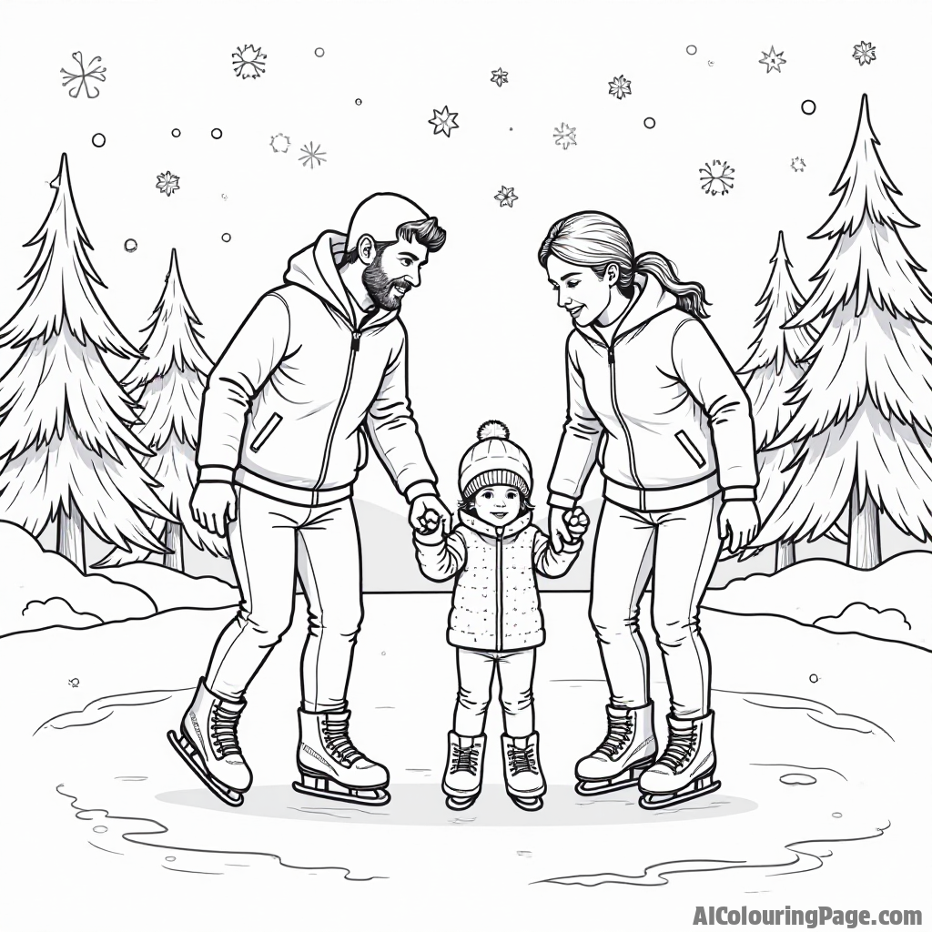 A family ice skating together, with parents helping their little ones, surrounded by sparkling ice crystals and winter trees, promoting the joy of sports and family activities in winter.