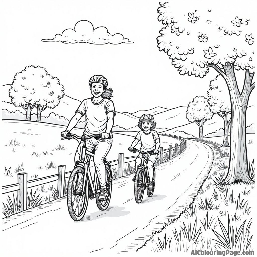 A happy family riding bicycles along a scenic path with trees and flowers blooming on both sides on a sunny day.