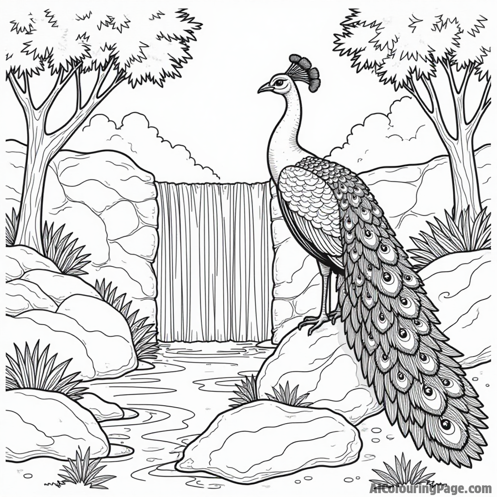 A peacock beside a beautiful waterfall with rocks and trees surrounding it, creating a tranquil nature scene