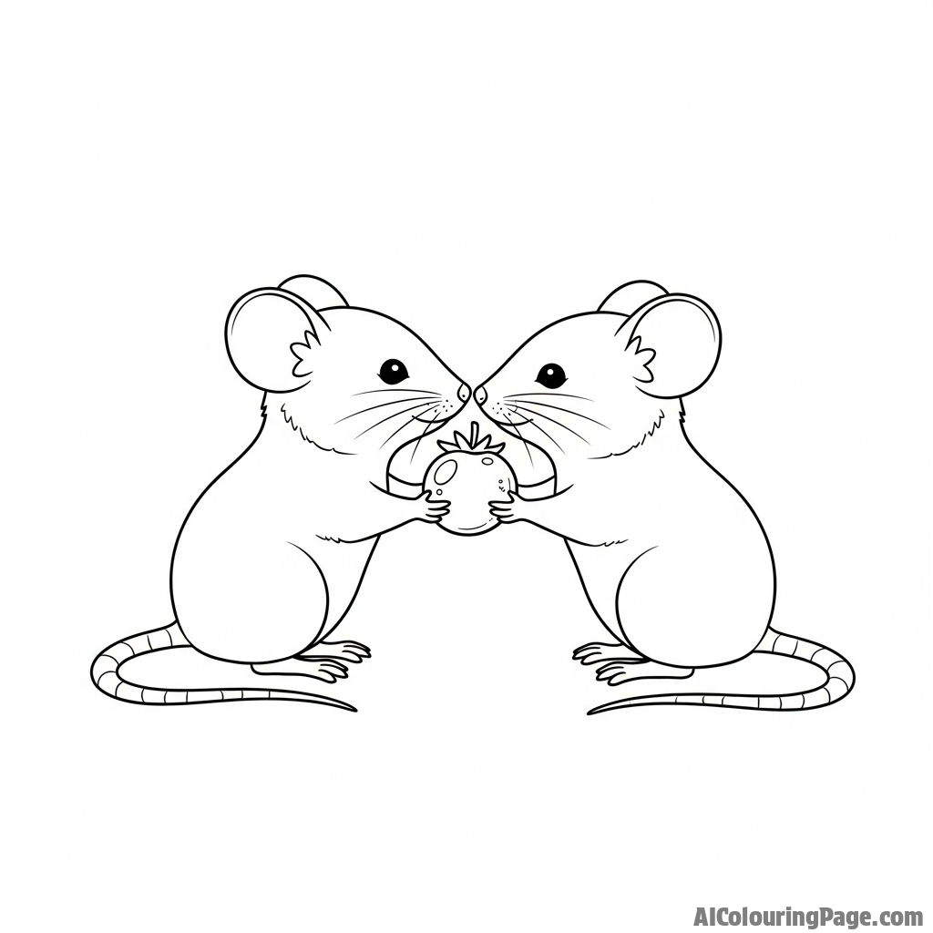 Two mice sharing a single berry, their noses touching.