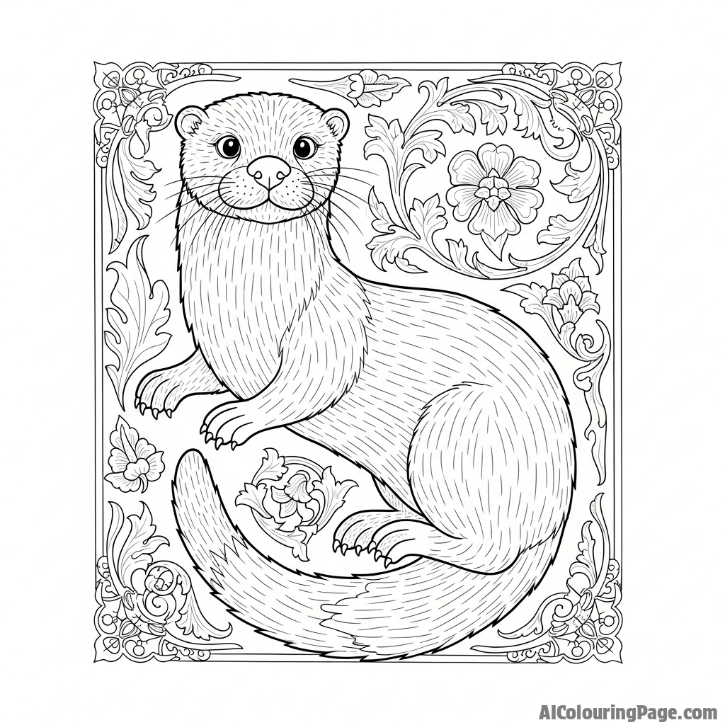 An otter depicted in the style of a medieval illuminated manuscript.