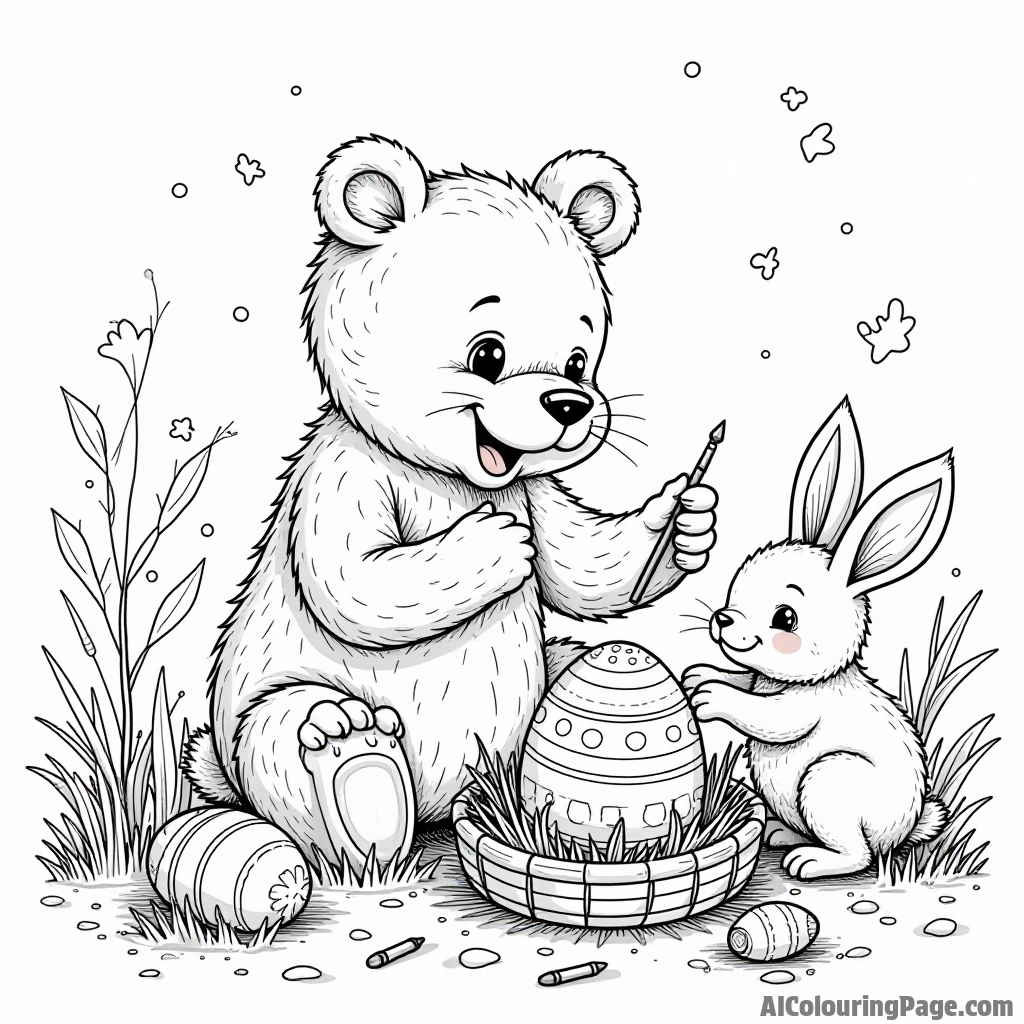 A friendly bear painting Easter eggs with a group of forest animals, surrounded by colorful splashes of paint everywhere.