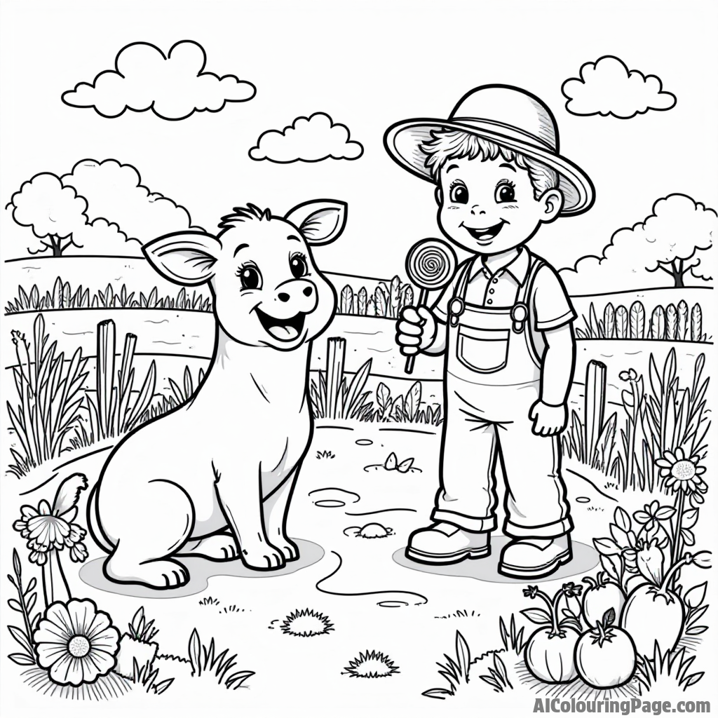 A charming farm scene with animals enjoying lollipops, a farmer smiling, and a vibrant garden filled with colorful vegetables