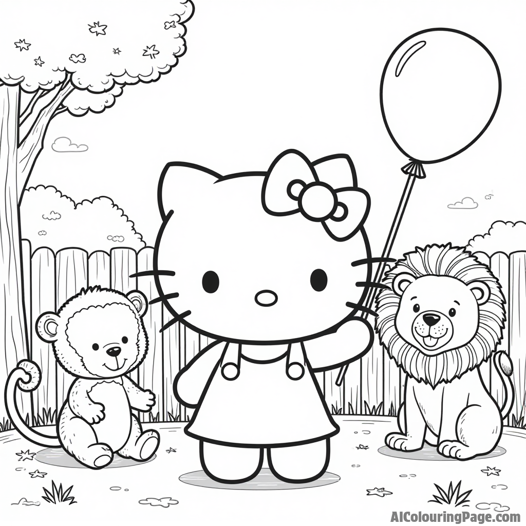 Hello Kitty enjoying a fun day at the zoo with a playful monkey, a lion, and a balloon in her hand