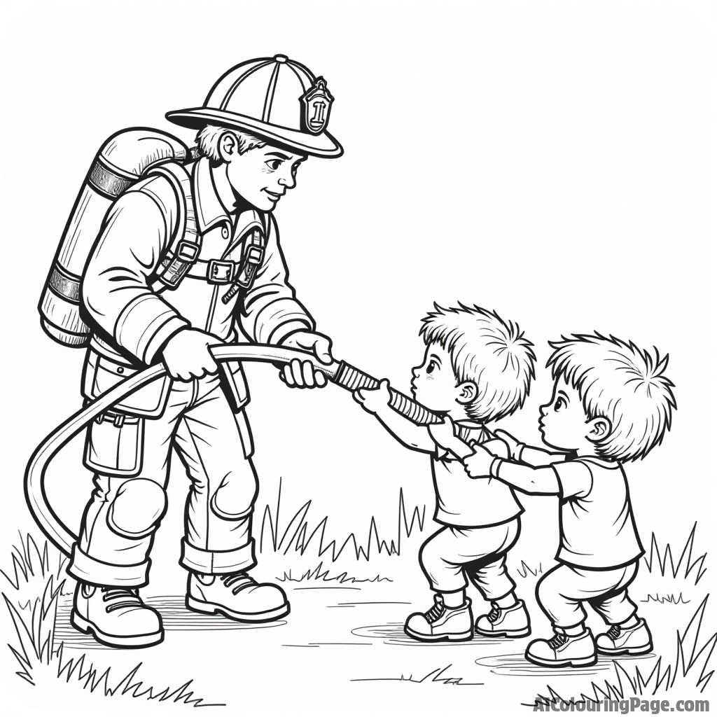 A firefighter teaching children how to use a hose while kids play tug-of-war nearby, creating a fun and educational coloring page for young artists.