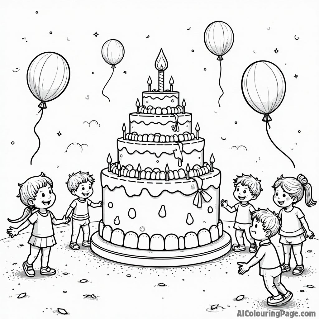 A whimsical birthday party with a giant lollipop cake, balloons floating, and children playing games in a vibrant setting