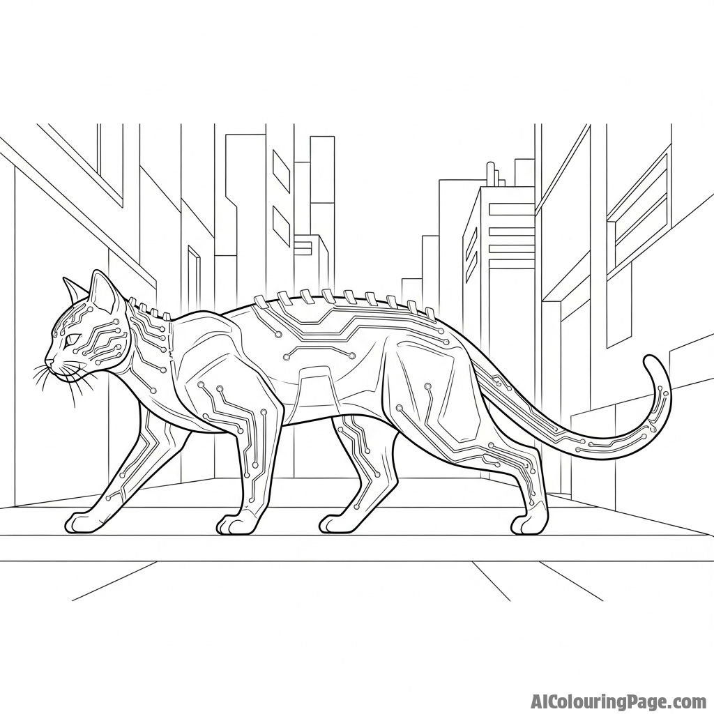 A cyberpunk cat with glowing circuits, prowling a futuristic alley.