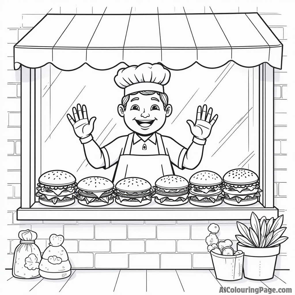 A charming bakery window displaying an array of creative sandwiches, with a smiling baker waving outside.