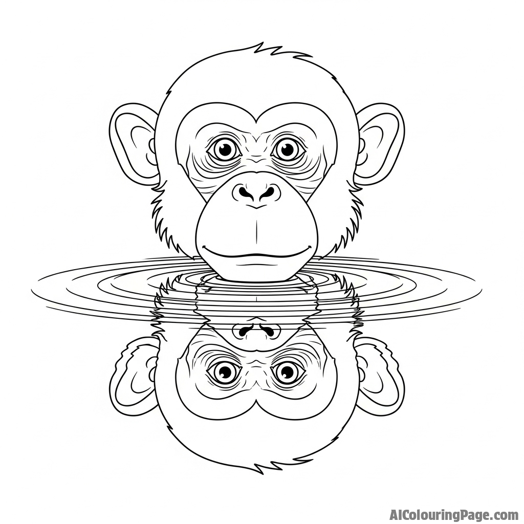 A monkey's face reflected in a still pool of water.