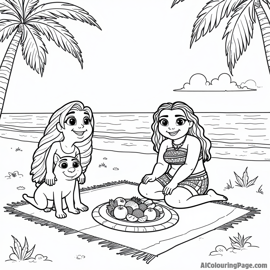 A cozy beach scene with Moana, her friends, and a picnic blanket filled with tropical fruits and snacks.