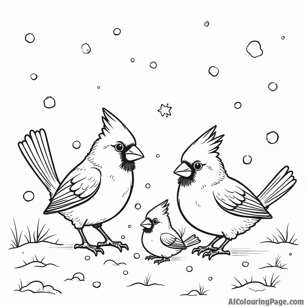 A family of cardinals playing in the snow, with snowflakes falling gently around them, ideal for winter coloring fun.