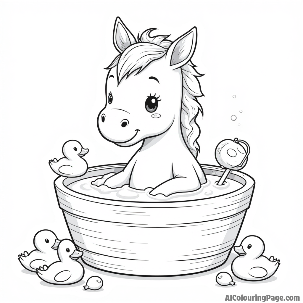 A pony enjoying a bubble bath in a small wooden tub surrounded by rubber ducks and bath toys.