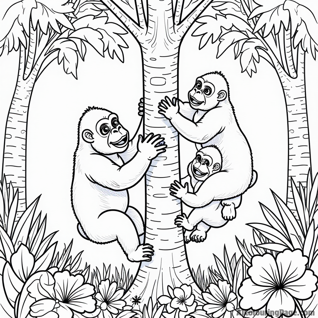 A family of playful gorillas climbing trees in a vibrant jungle, surrounded by exotic flowers and plants, encouraging children to dive into their coloring adventure and explore wildlife.