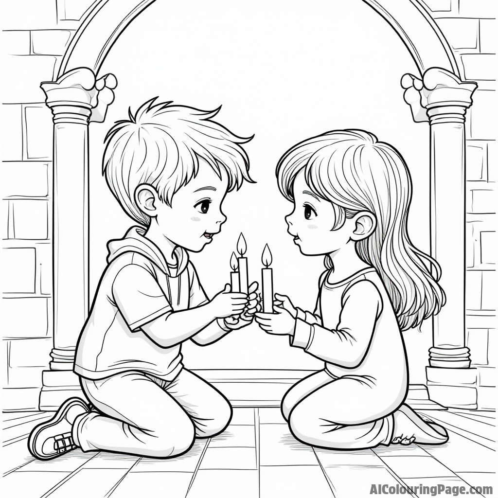 A boy and girl lighting candles in a church, with soft shadows and a warm atmosphere surrounding them.