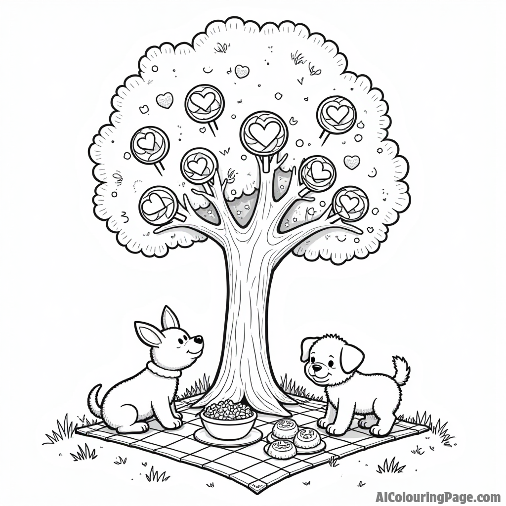 A cheerful lollipop tree surrounded by curious animals, a picnic blanket with snacks, and a playful puppy exploring nearby