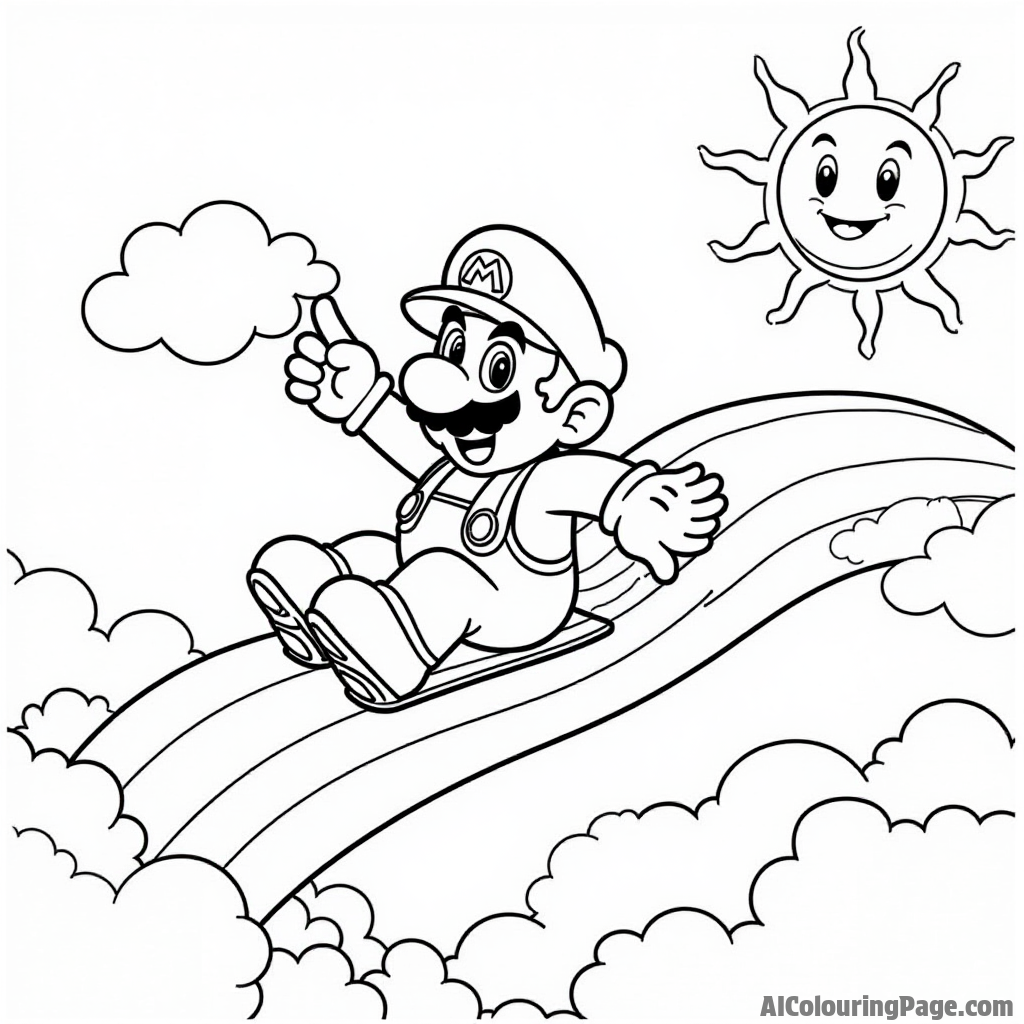 Mario sliding down a rainbow with clouds and a cheerful Sun shining brightly above him.