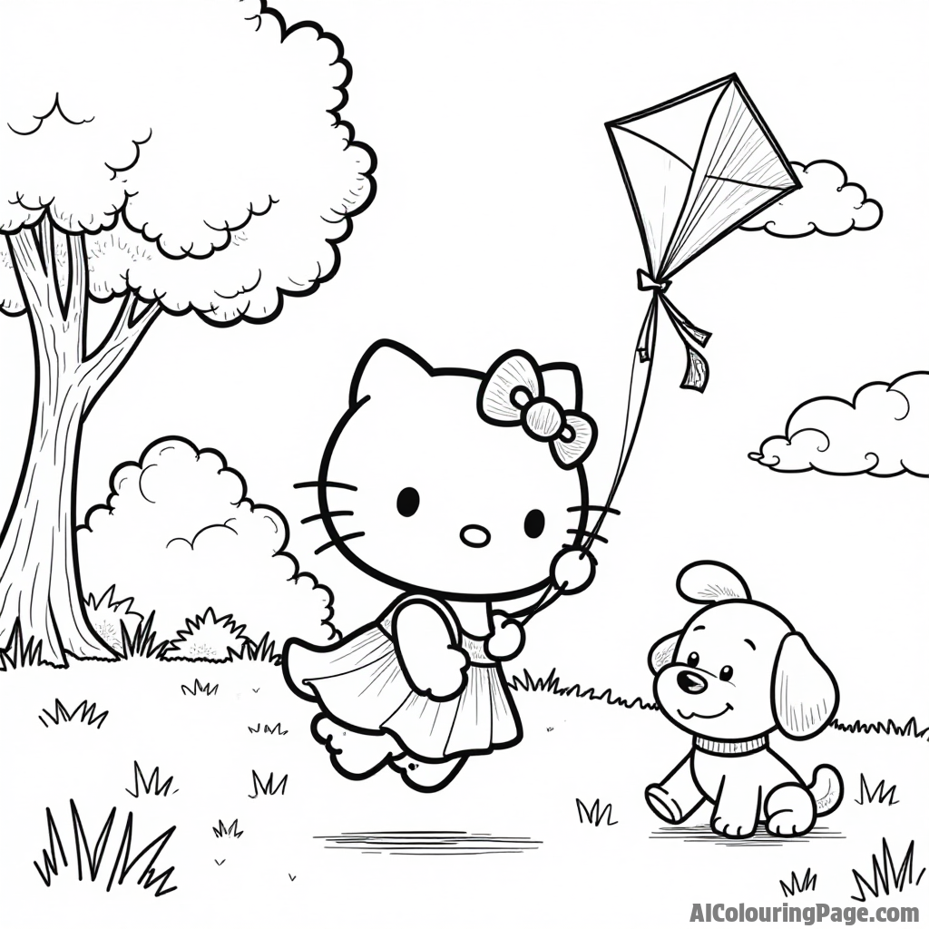 Hello Kitty flying a kite in a sunny park with a playful puppy and a big tree in the background