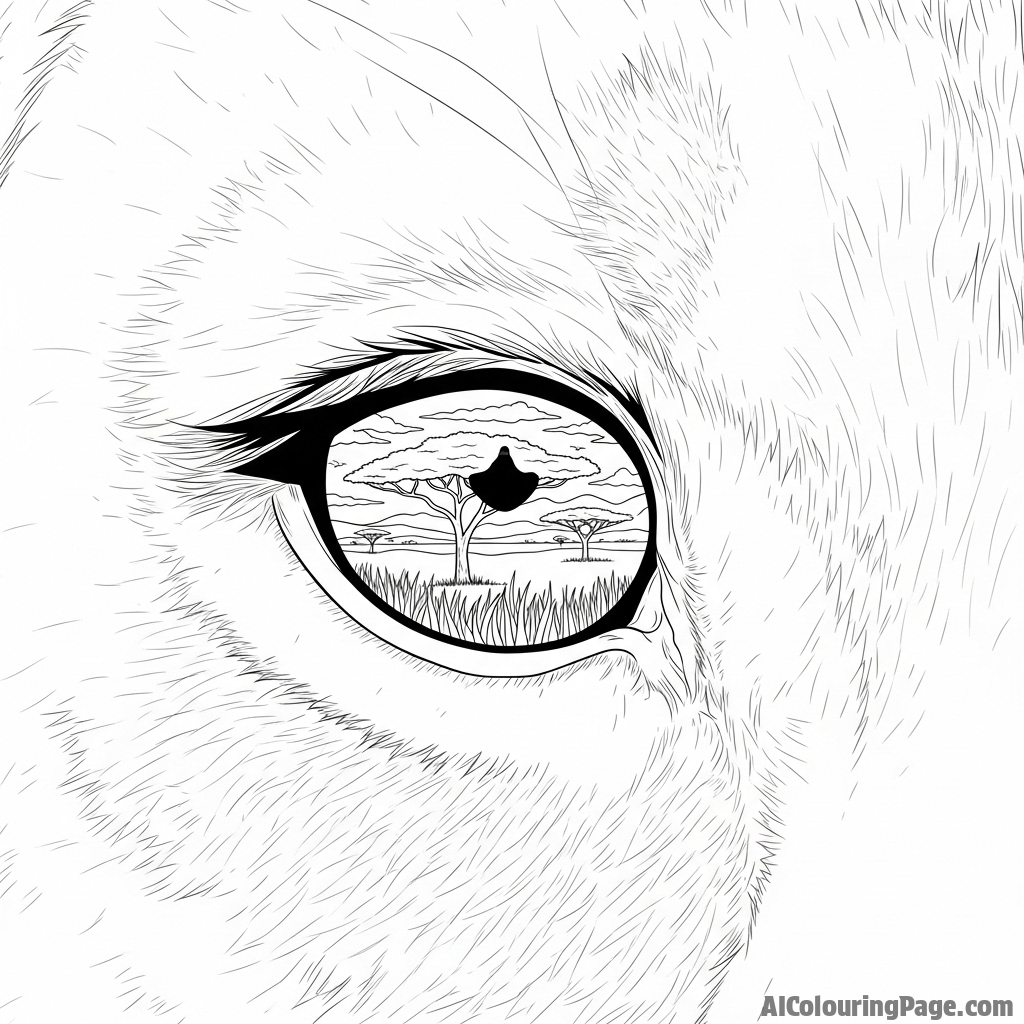 A close-up macro photograph of a lioness's eye, reflecting the savanna.