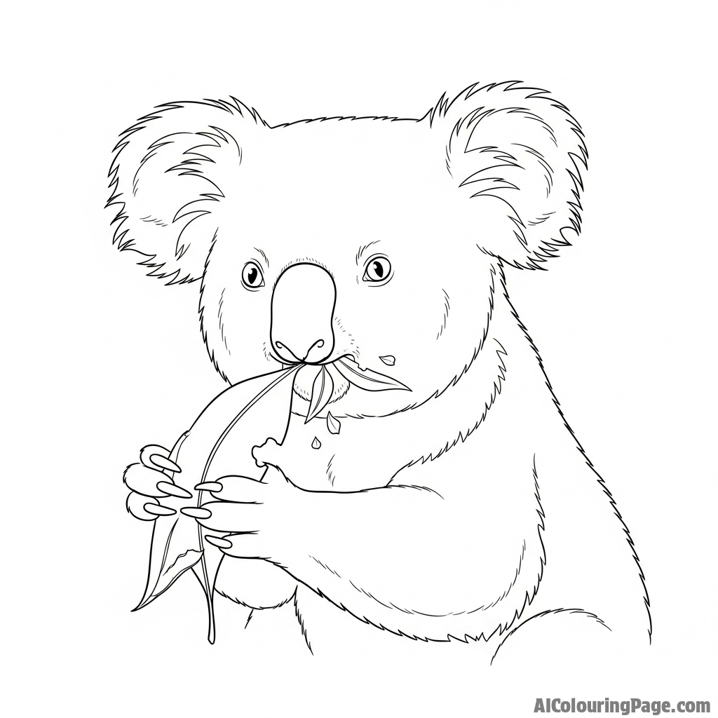 A koala munching on a fresh eucalyptus leaf, with leaf fragments on its chin.