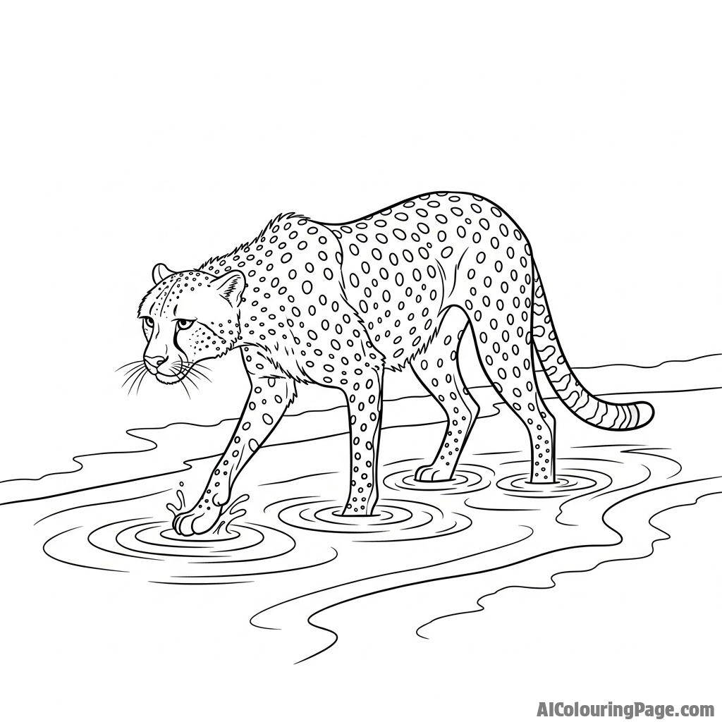A cheetah carefully walking through a shallow stream, creating gentle ripples in the water.