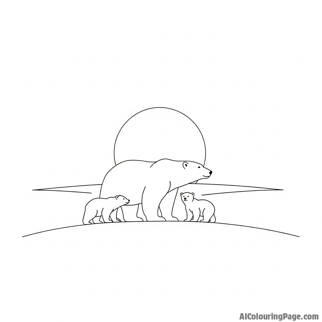 A polar bear family silhouetted against the low-hanging midnight sun.