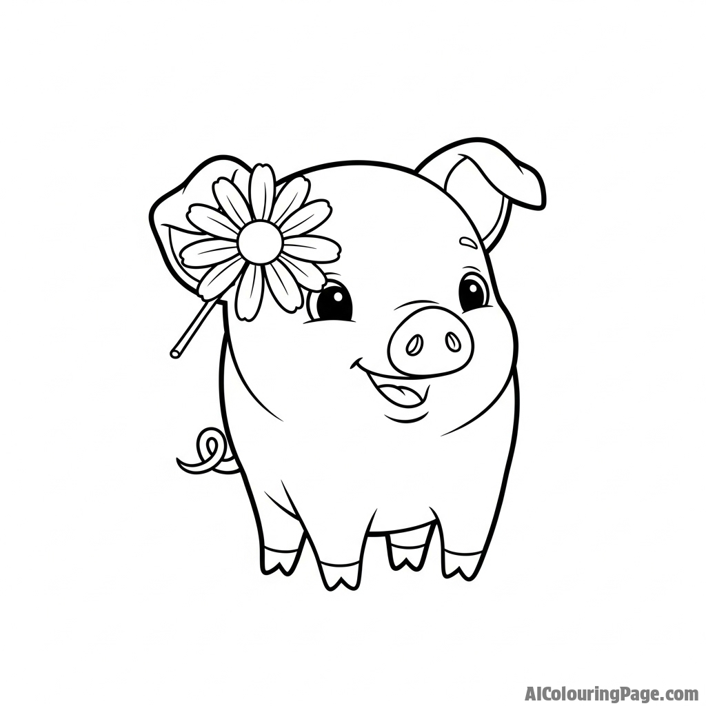 A piglet with a daisy tucked behind its ear.