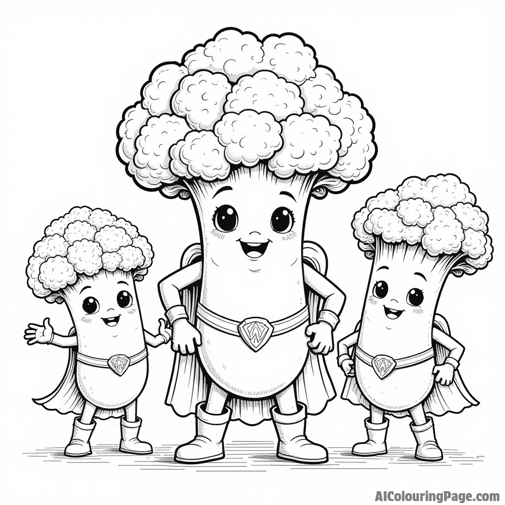 A broccoli superhero team assembling to save the day, with various vegetable friends showcasing their unique powers and skills.