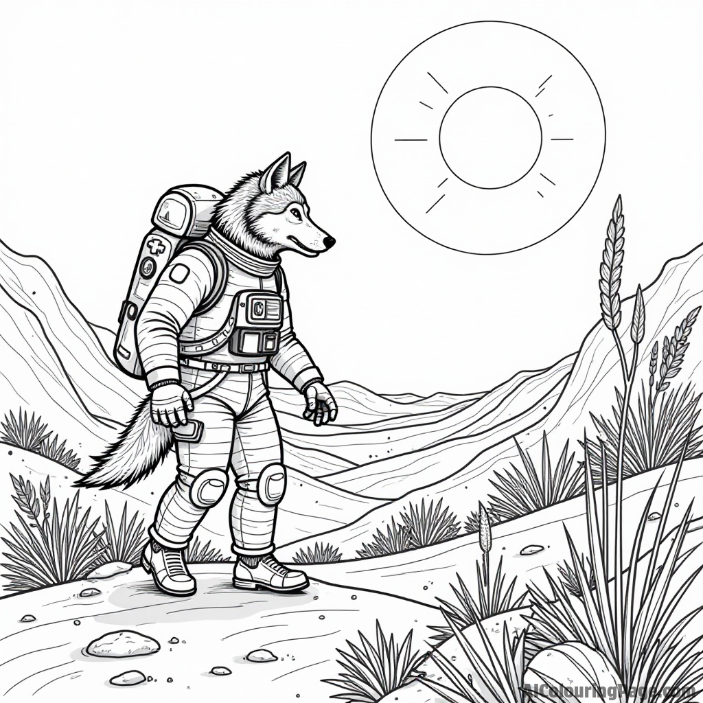 A werewolf astronaut exploring a distant planet with aliens and bizarre plants under a shining alien sun.