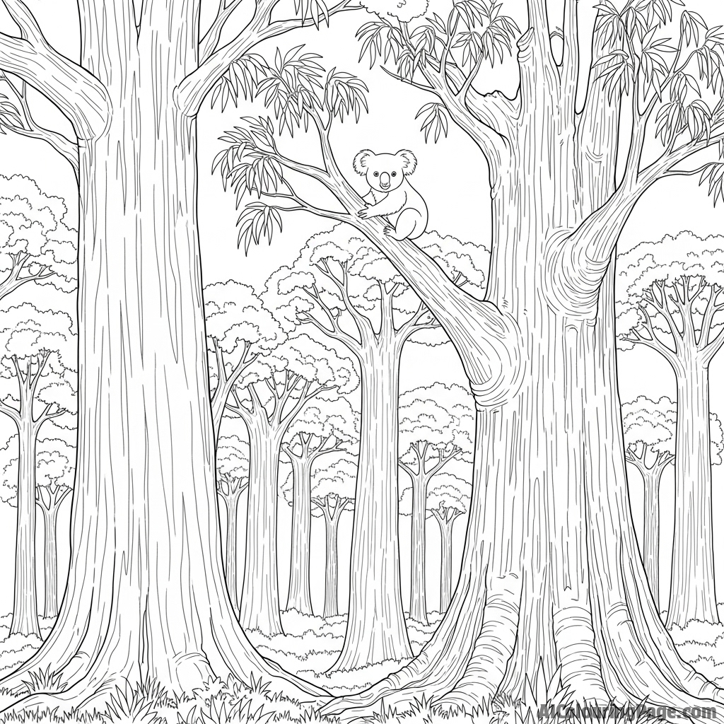A wide-angle shot of a lone koala perched high in a vast, ancient forest.