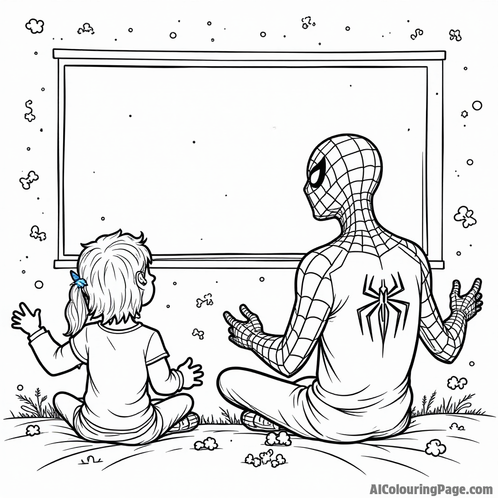 Spiderman having a movie night with children, popcorn everywhere, a big screen showing his adventures