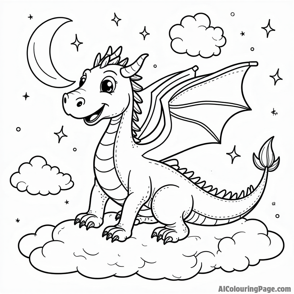 A dragon soaring through fluffy clouds with a crescent moon and twinkling stars surrounding it.