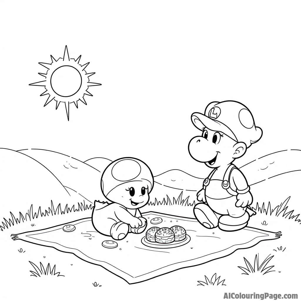 Toad and Yoshi having a picnic on a sunny hill with a blanket and delicious treats.