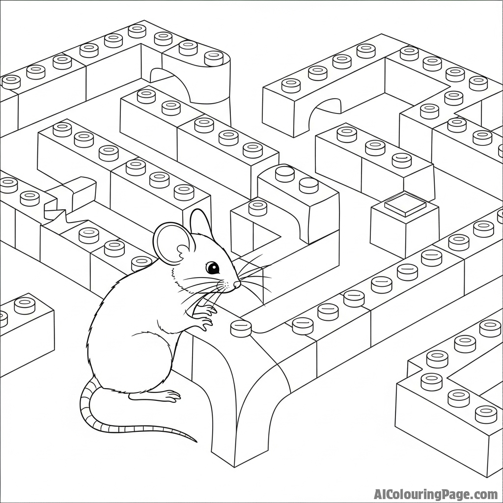 A mouse navigating a complex maze made of building blocks.