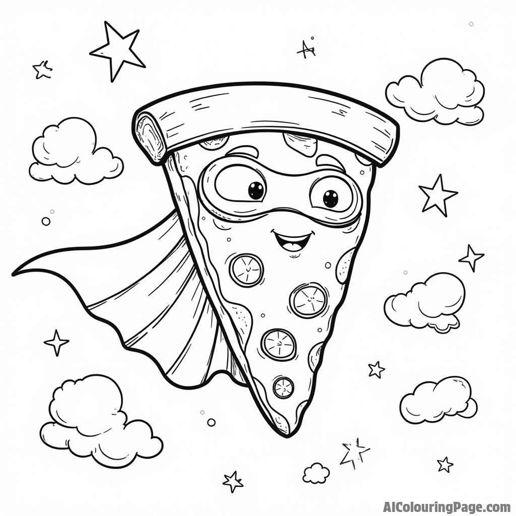 A cute pizza slice superhero flying through the sky, wearing a cape and mask, with clouds and stars around it.