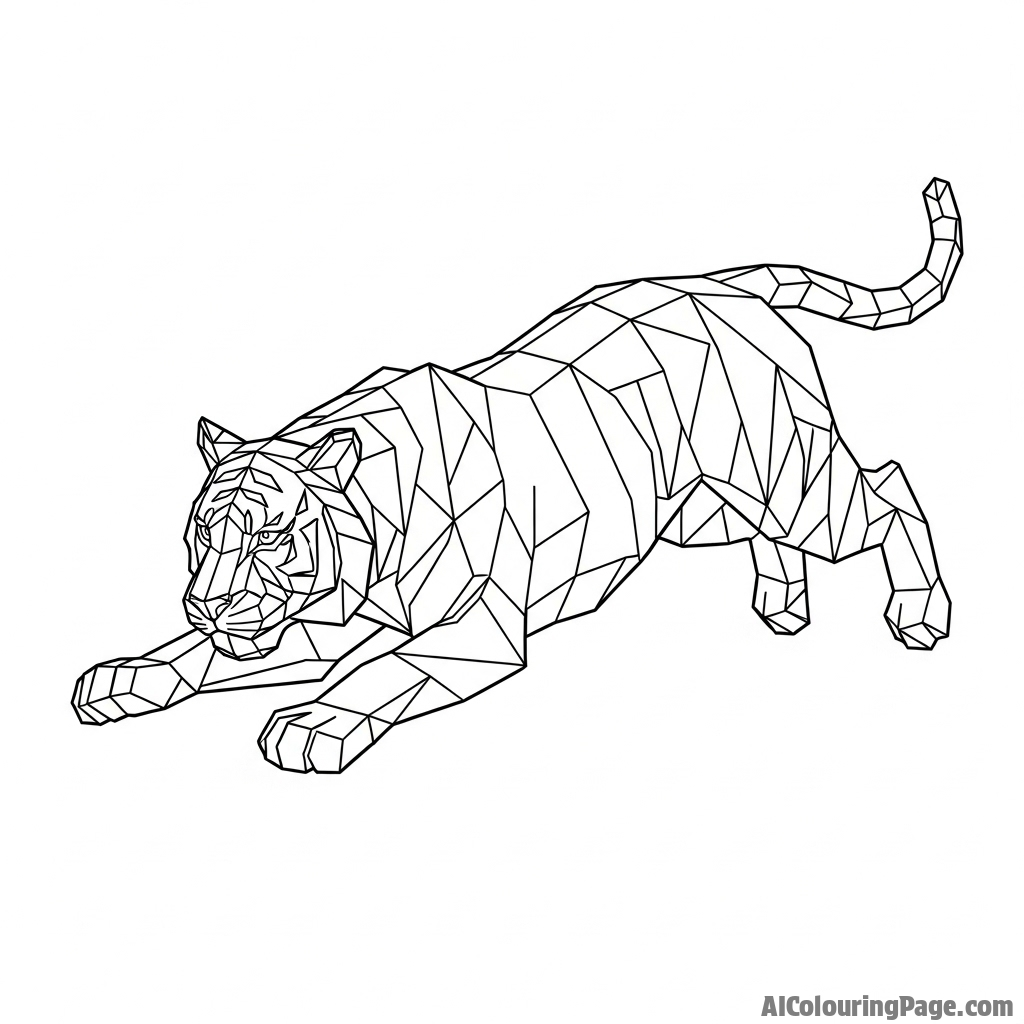 A low-poly, geometric rendering of a pouncing tiger.